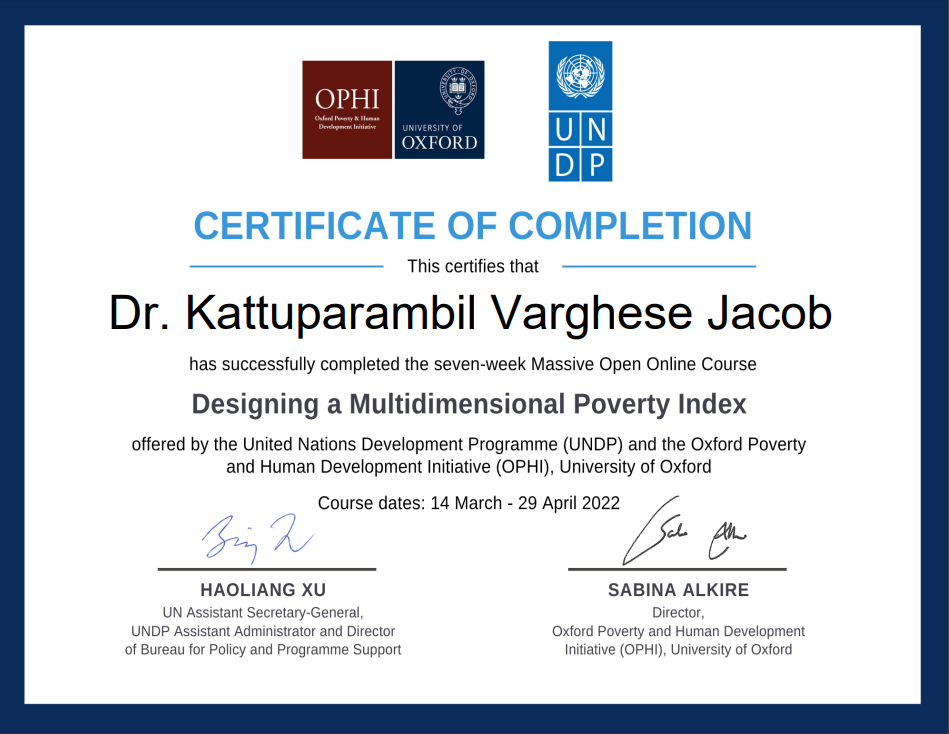 Oxford-UNDP Multidimensional Poverty - Dr Jacob Certificate